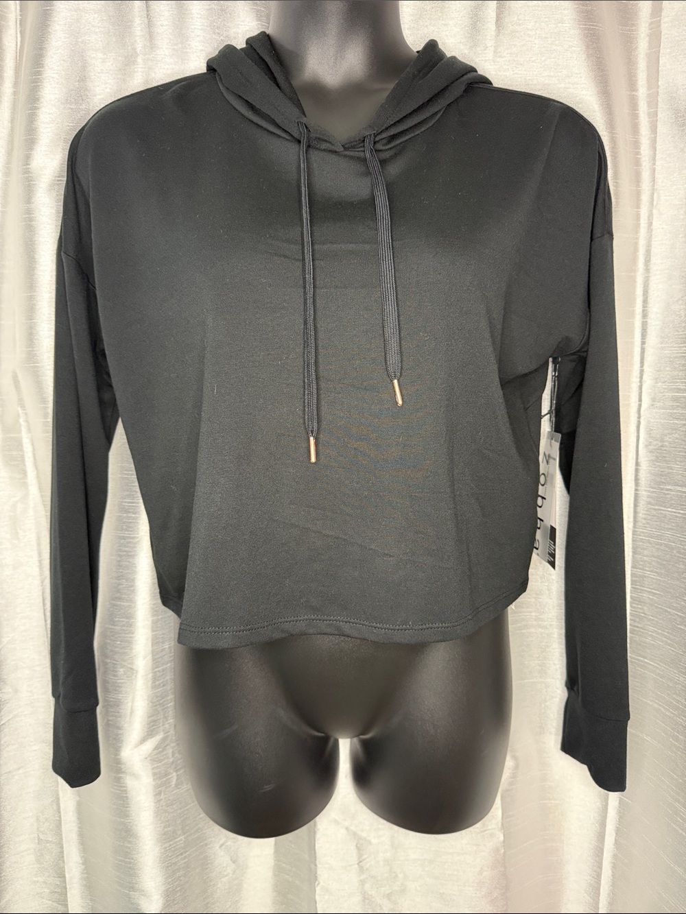 Zobha Hoodie Black Boxy Cropped Women’s Large Stretch Athleisure Drop Shoulder